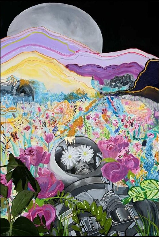 A flower-filled surreal landscape with an astronaut beneath a moon